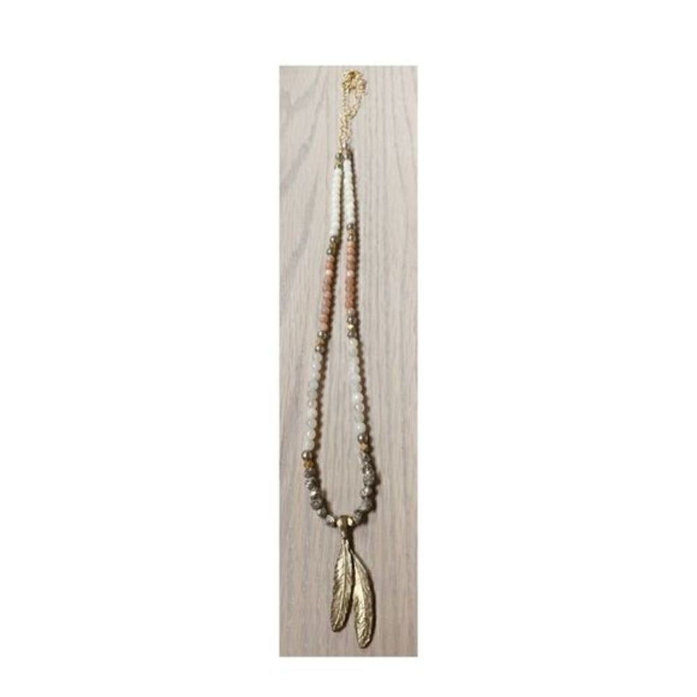 Cimber Jewelry Two Feathers Beaded Gold Plated Necklace